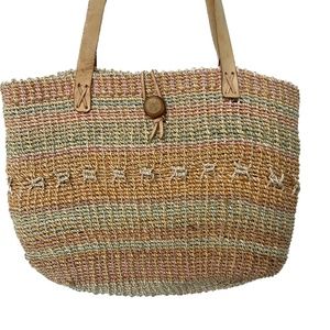 Woven Sisal String Shoulder Bag  with Leather Straps Beige Orange Button Closure